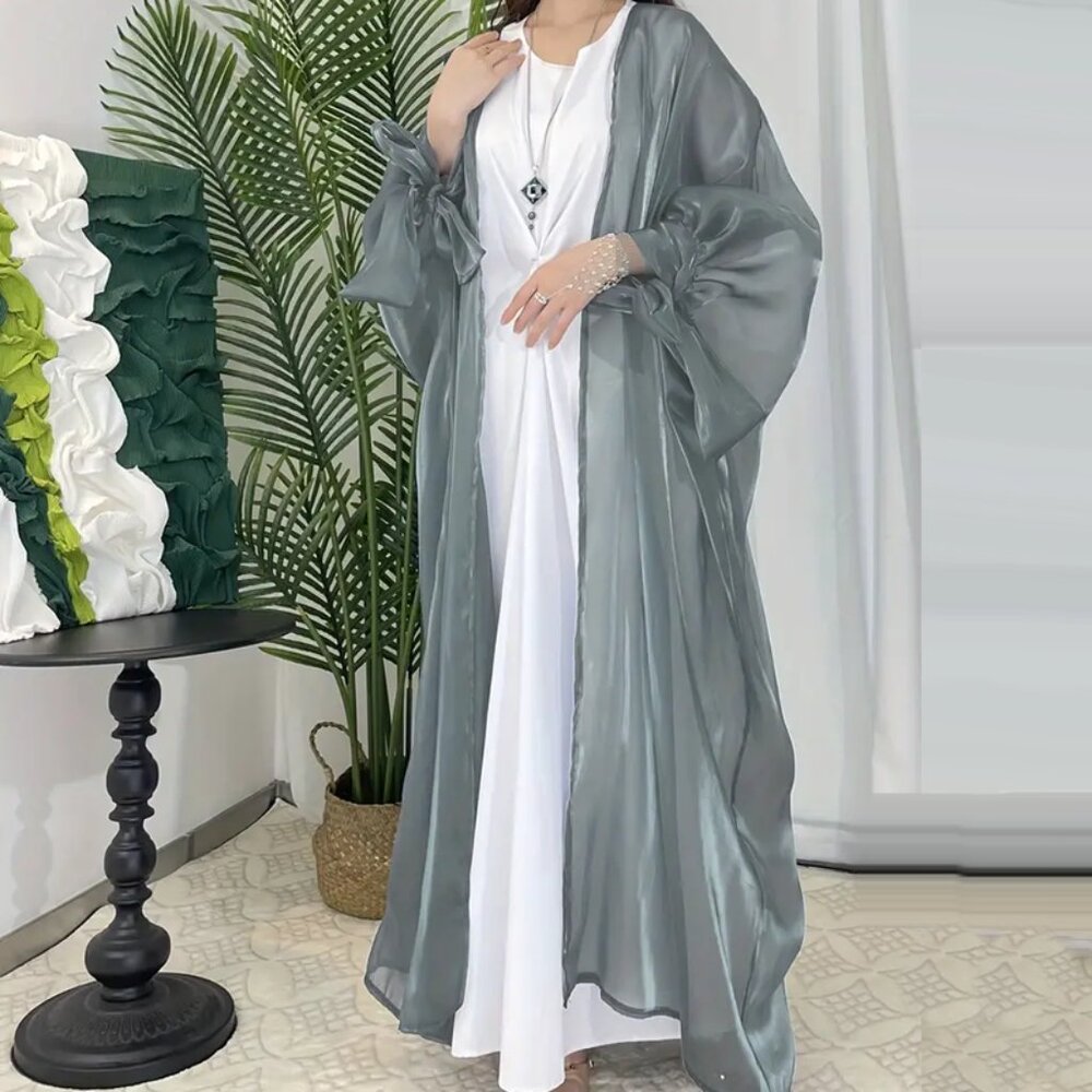 Sheer Shimmery Silver Long Balloon Sleeve Open Cardigan